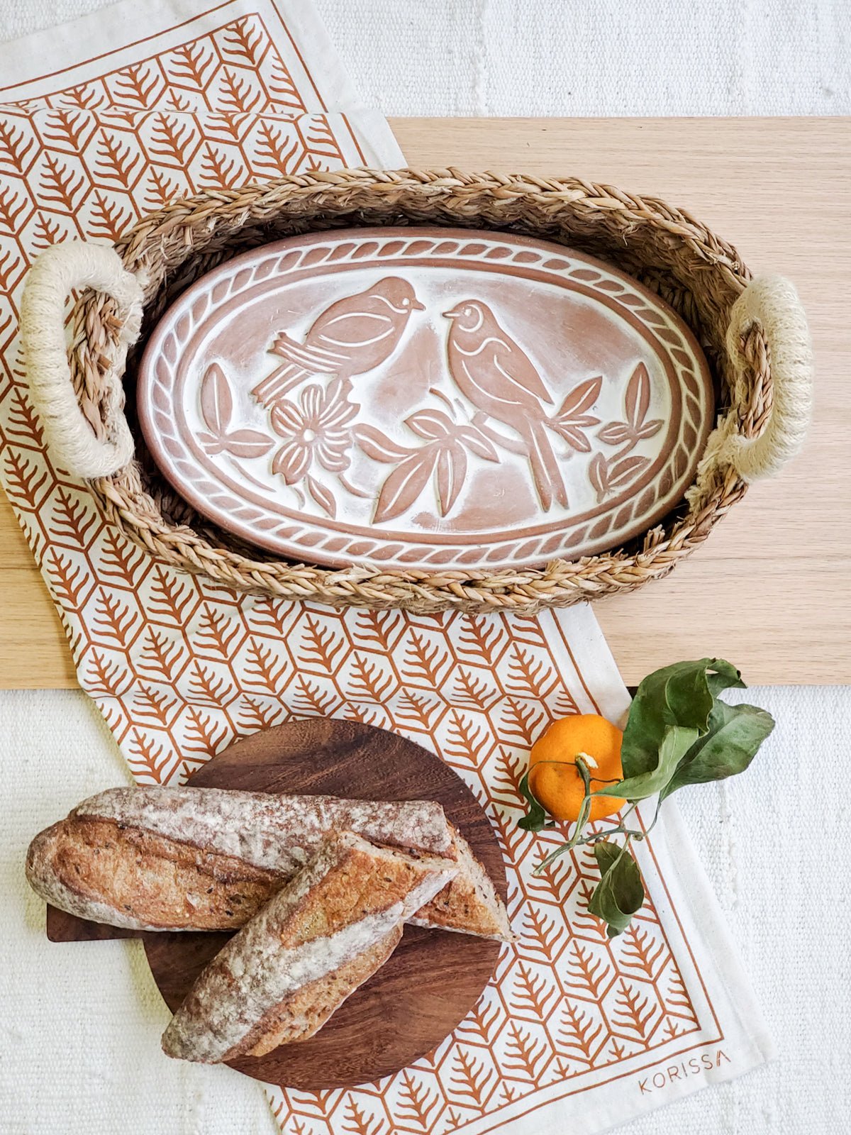 Bread Warmer & Basket Gift Set with Tea Towel - Lovebird Oval - Shellcreations