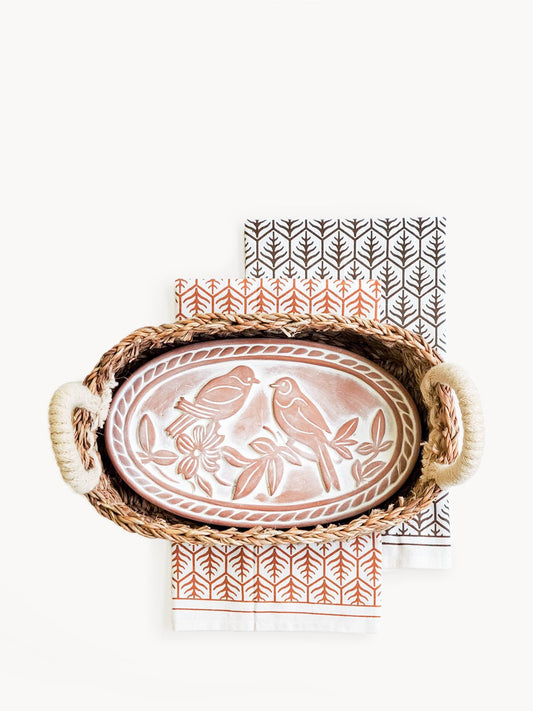 Bread Warmer & Basket Gift Set with Tea Towel - Lovebird Oval - Shellcreations
