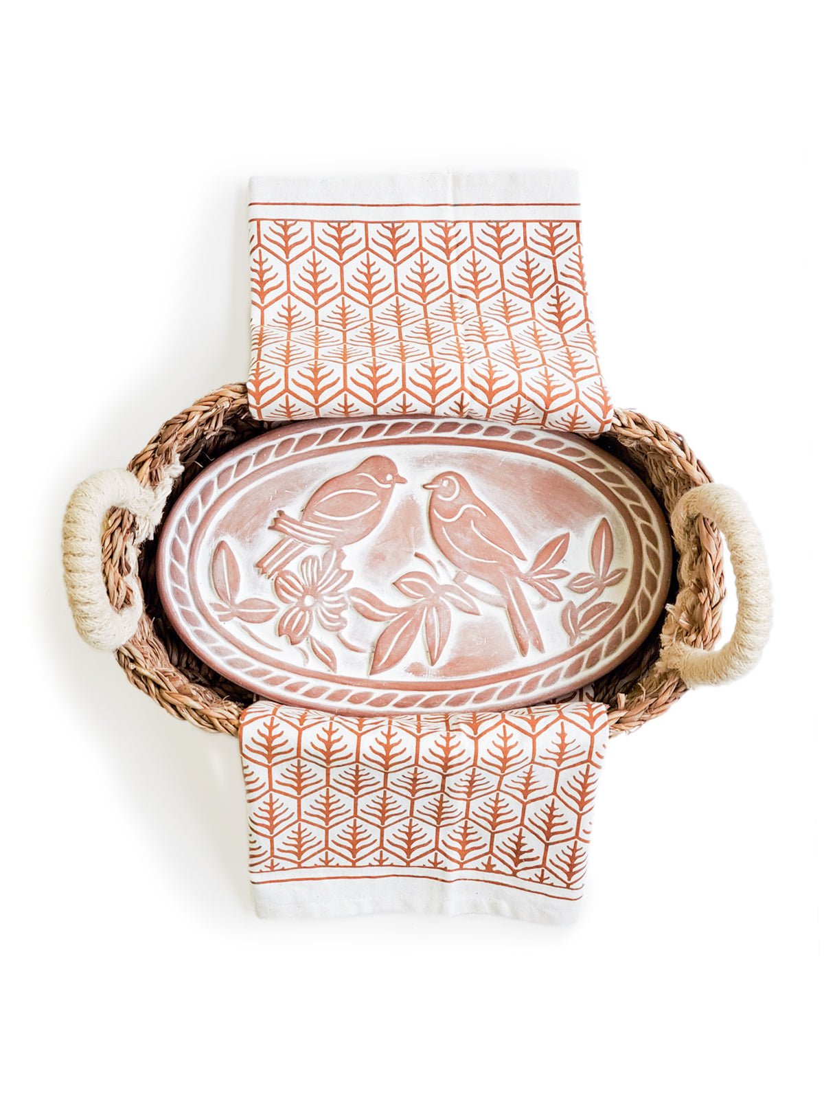 Bread Warmer & Basket Gift Set with Tea Towel - Lovebird Oval - Shellcreations