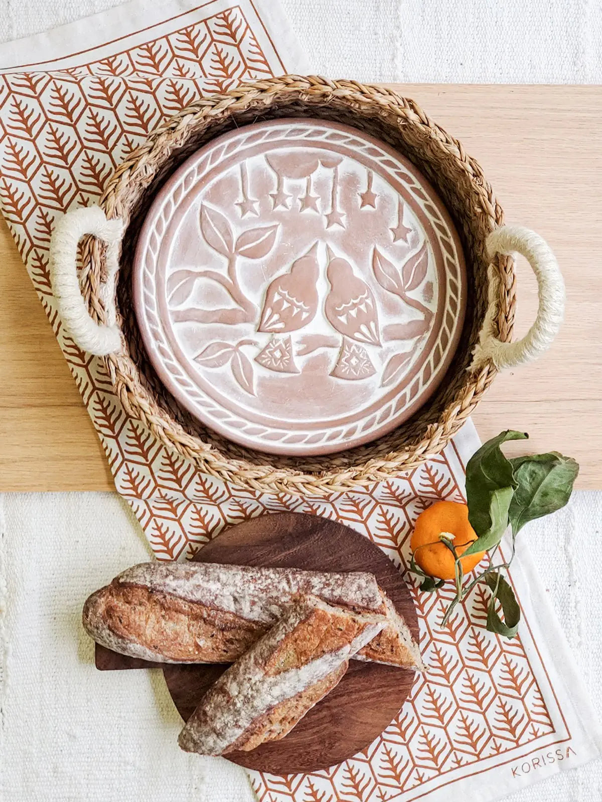 Bread Warmer & Basket Gift Set with Tea Towel - Lovebird Round - Shellcreations