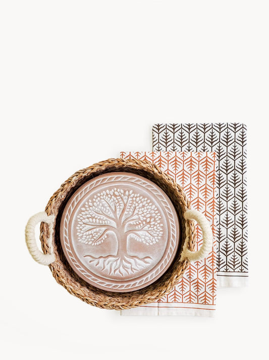 Bread Warmer & Basket Gift Set with Tea Towel - Tree of Life Round - Shellcreations