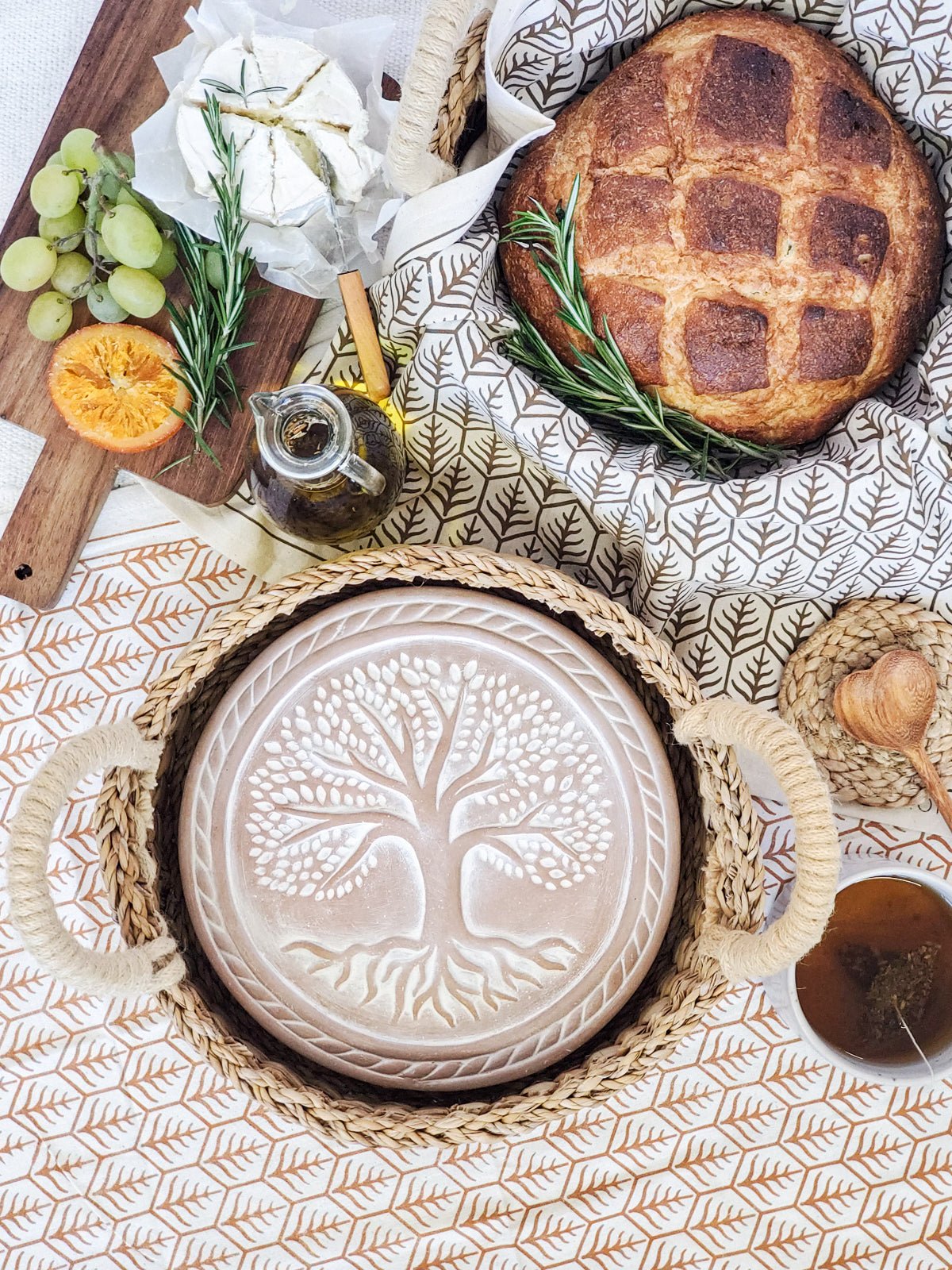 Bread Warmer & Basket Gift Set with Tea Towel - Tree of Life Round - Shellcreations