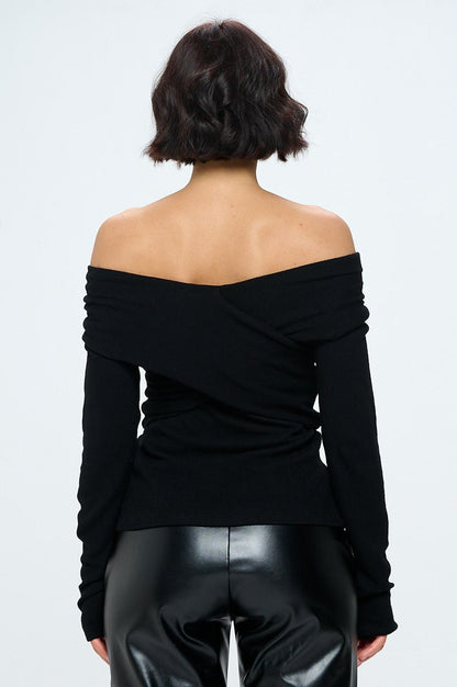 Cashmere Feel Brushed Knit Wrap Off Shoulder Top - Shellcreations