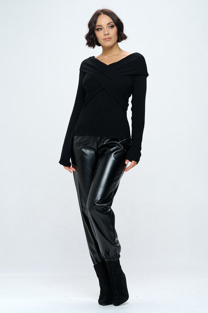 Cashmere Feel Brushed Knit Wrap Off Shoulder Top - Shellcreations