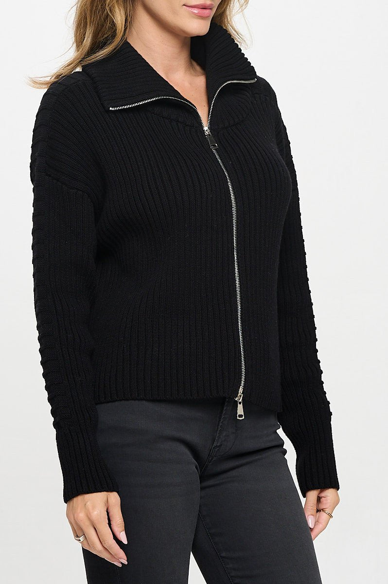 Cotton Knit Detail Long Sleeve Zip Up Sweater - Shellcreations