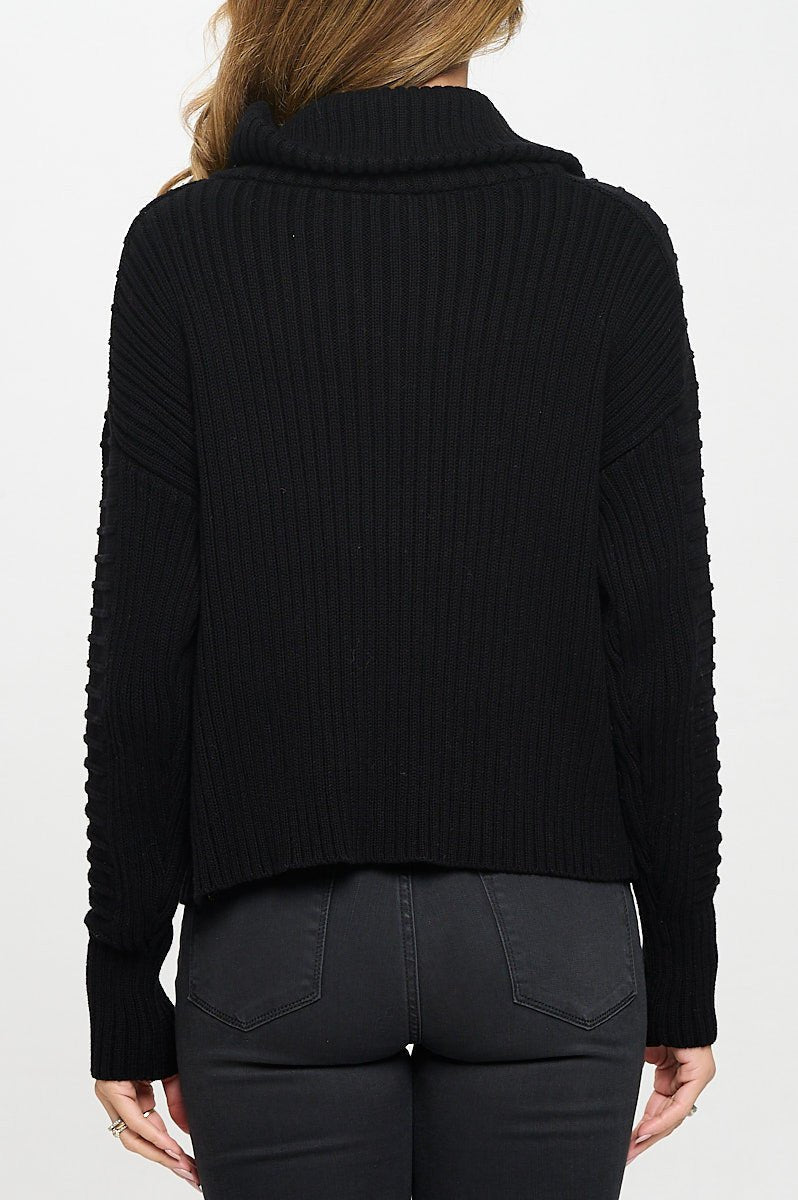 Cotton Knit Detail Long Sleeve Zip Up Sweater - Shellcreations