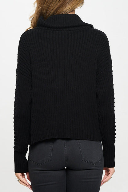 Cotton Knit Detail Long Sleeve Zip Up Sweater - Shellcreations