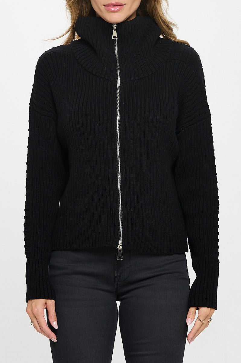 Cotton Knit Detail Long Sleeve Zip Up Sweater - Shellcreations