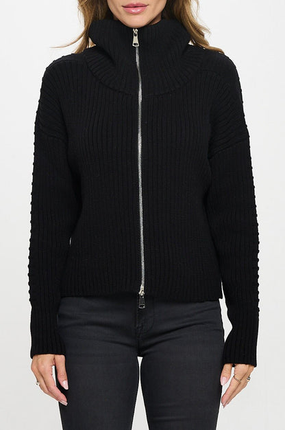 Cotton Knit Detail Long Sleeve Zip Up Sweater - Shellcreations