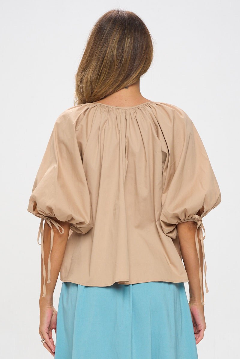 Cotton V neck Half Puff Sleeve with Tie - Shellcreations