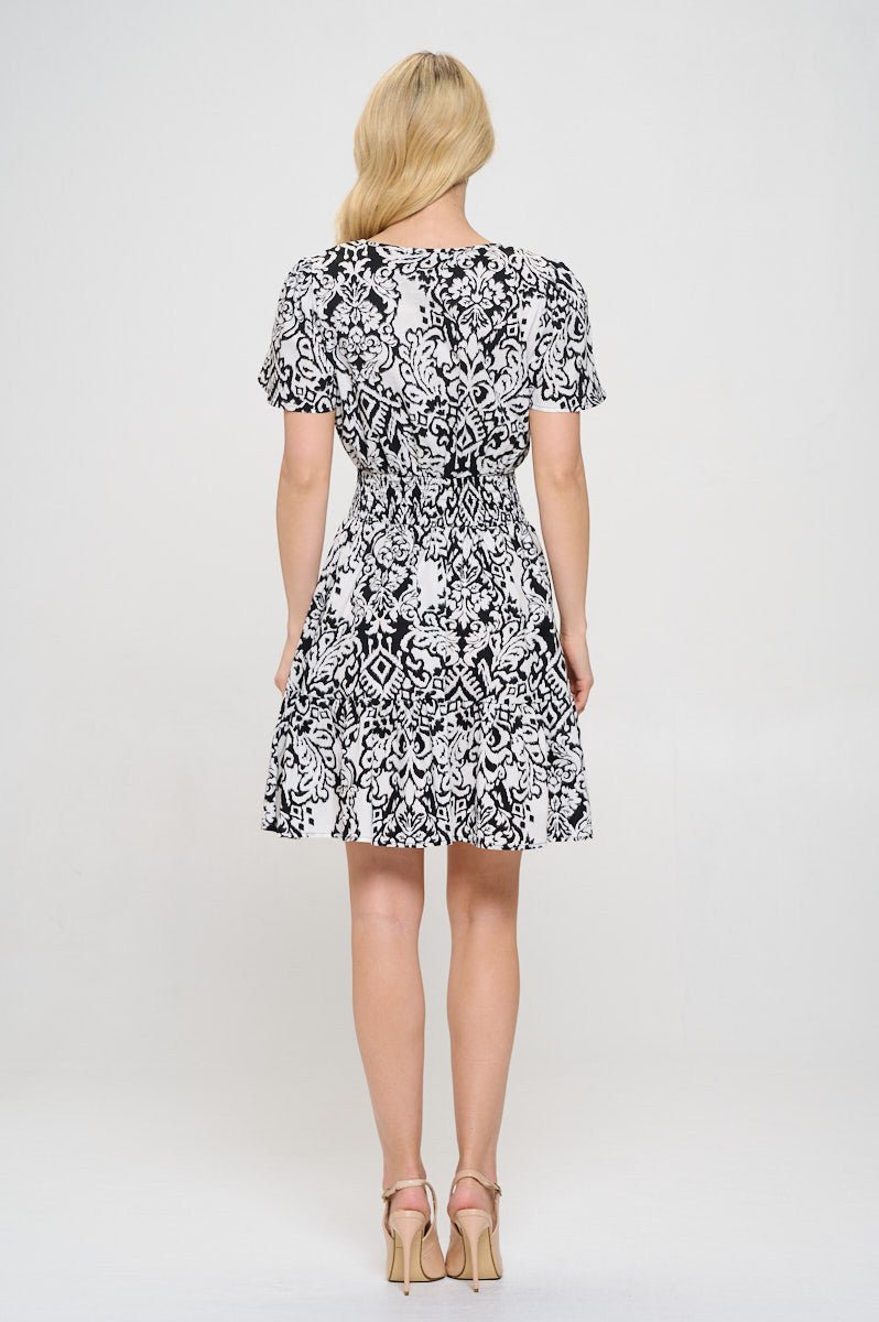 Cotton V neck Tiered Dress with Smock Waist - Shellcreations