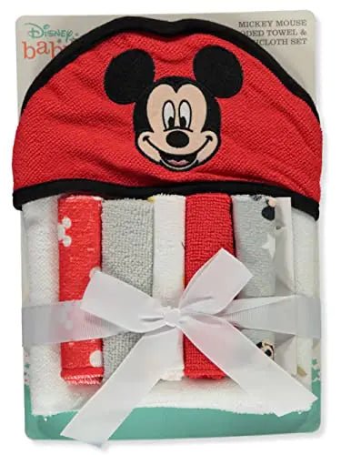 Cudlie Disney Baby Mickey Mouse Happy Face Print (Hooded Towel with 5 Piece Washcloth Set) - Shellcreations