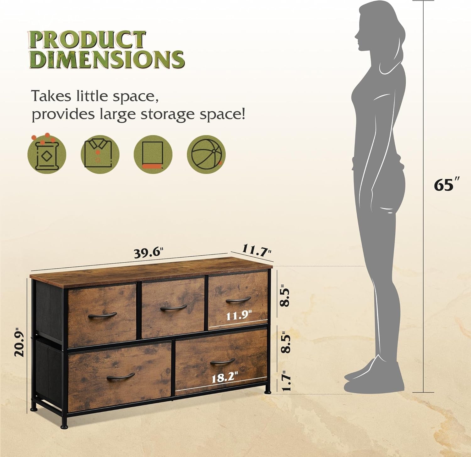 Dresser for Bedroom with 5 Drawers, Wide Chest of Drawers, Fabric Dresser, Storage Organizer Unit with Fabric Bins for Closet, Living Room, Hallway, Rustic Brown Wood Grain Print - Shellcreations
