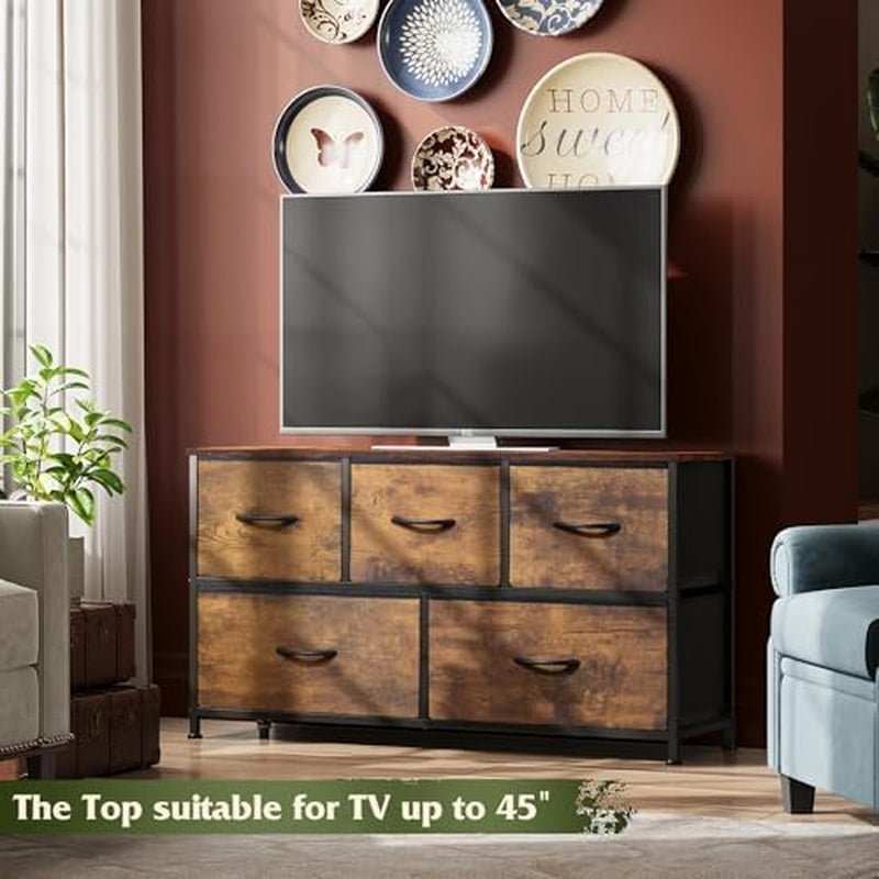 Dresser for Bedroom with 5 Drawers, Wide Chest of Drawers, Fabric Dresser, Storage Organizer Unit with Fabric Bins for Closet, Living Room, Hallway, Rustic Brown Wood Grain Print - Shellcreations