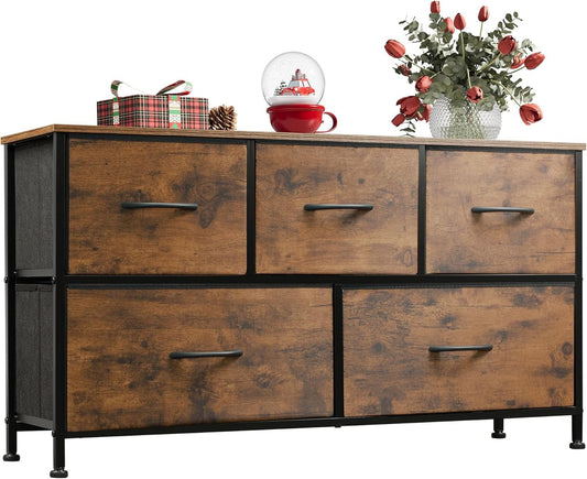 Dresser for Bedroom with 5 Drawers, Wide Chest of Drawers, Fabric Dresser, Storage Organizer Unit with Fabric Bins for Closet, Living Room, Hallway, Rustic Brown Wood Grain Print - Shellcreations