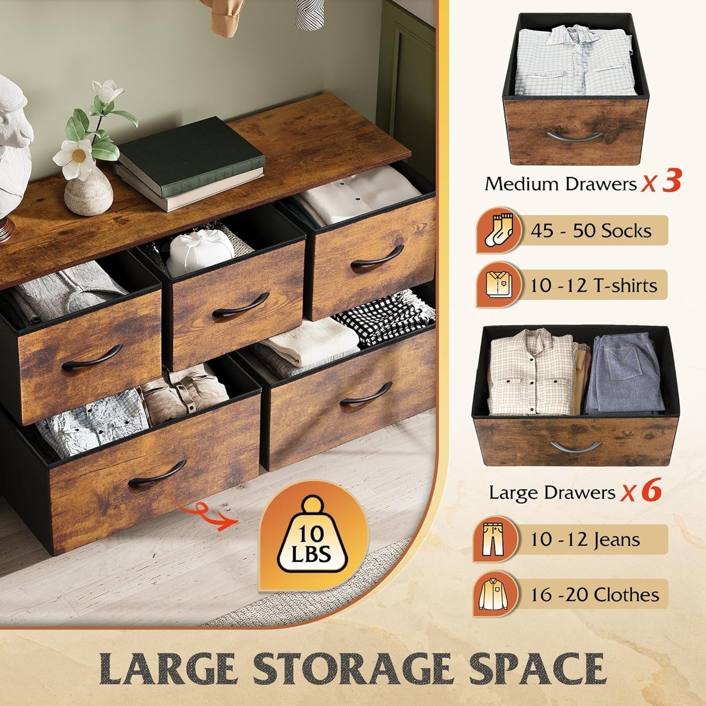 Dresser for Bedroom with 5 Drawers, Wide Chest of Drawers, Fabric Dresser, Storage Organizer Unit with Fabric Bins for Closet, Living Room, Hallway, Rustic Brown Wood Grain Print - Shellcreations