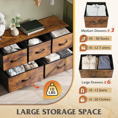 Dresser for Bedroom with 5 Drawers, Wide Chest of Drawers, Fabric Dresser, Storage Organizer Unit with Fabric Bins for Closet, Living Room, Hallway, Rustic Brown Wood Grain Print - Shellcreations
