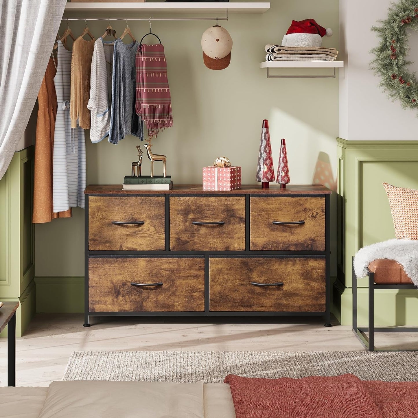 Dresser for Bedroom with 5 Drawers, Wide Chest of Drawers, Fabric Dresser, Storage Organizer Unit with Fabric Bins for Closet, Living Room, Hallway, Rustic Brown Wood Grain Print - Shellcreations