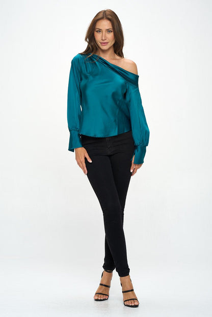 Dropped Shoulder Long Sleeve Satin Top - Shellcreations