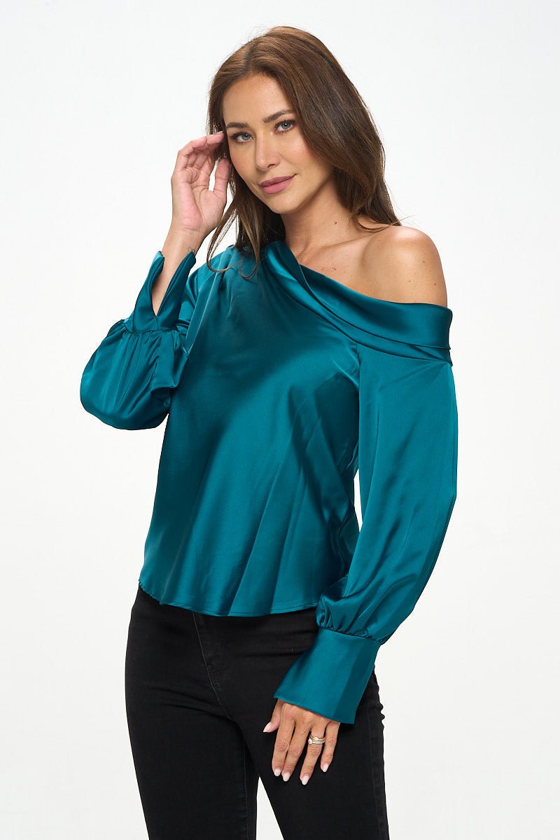 Dropped Shoulder Long Sleeve Satin Top - Shellcreations