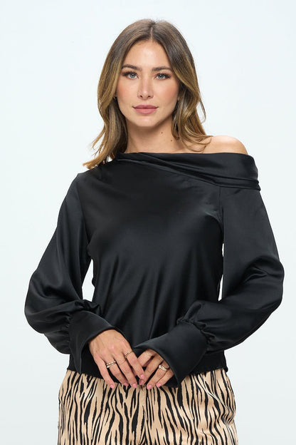 Dropped Shoulder Long Sleeve Satin Top - Shellcreations