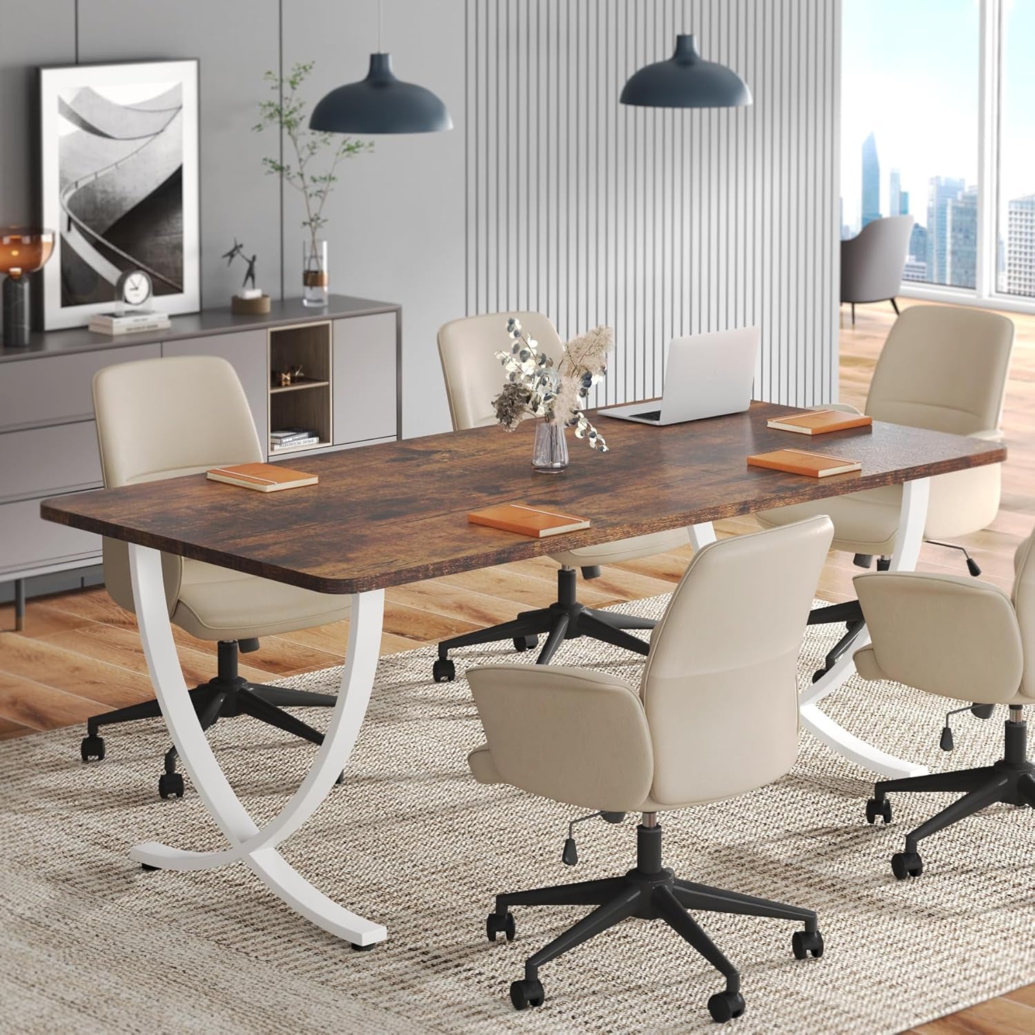 Executive Desk, 63” W X 31.5” D Large Office Desk, Modern Computer Desk Conference Table Meeting Room Table, Business Furniture for Home Office, White and Walnut - Shellcreations