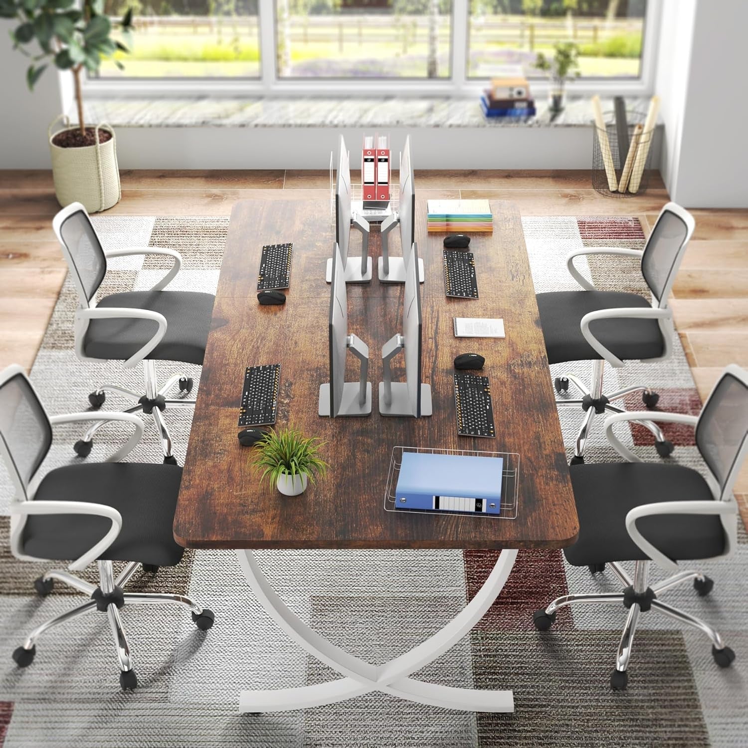 Executive Desk, 63” W X 31.5” D Large Office Desk, Modern Computer Desk Conference Table Meeting Room Table, Business Furniture for Home Office, White and Walnut - Shellcreations