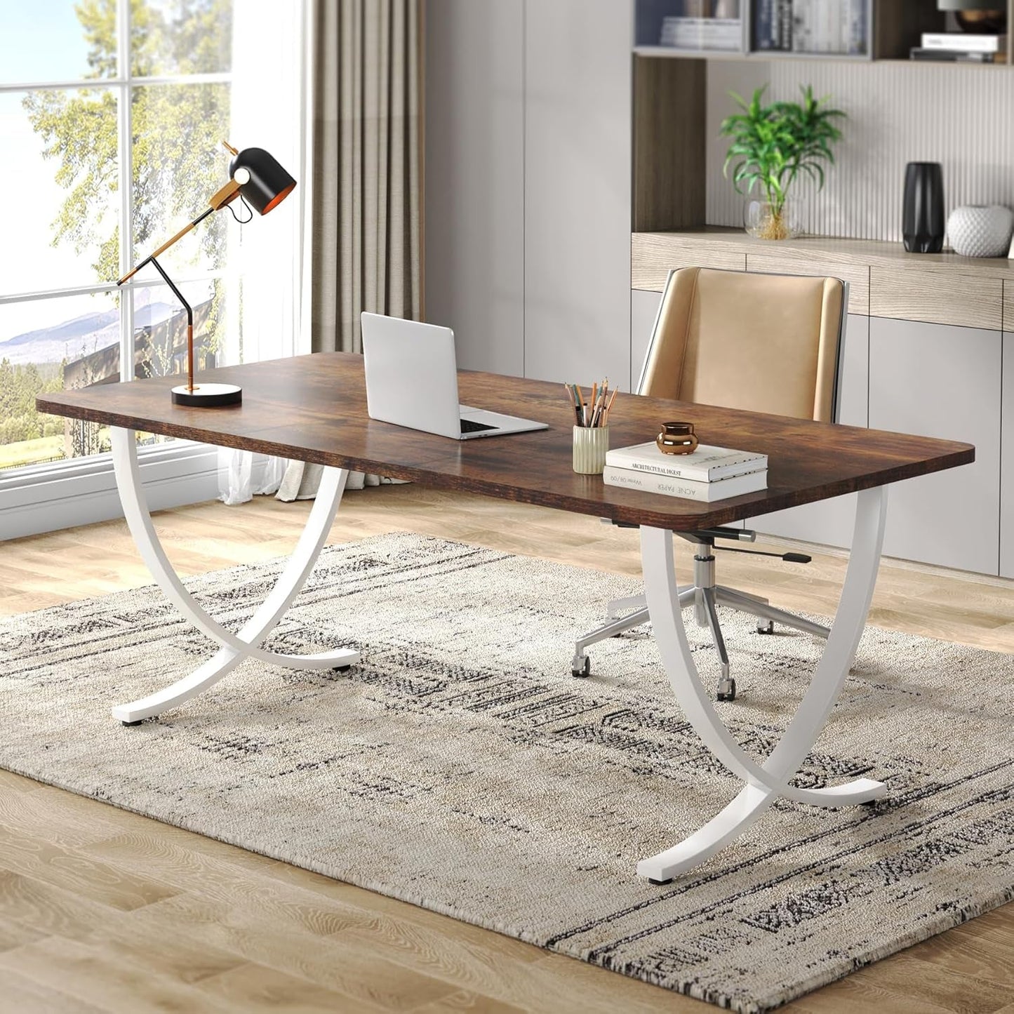 Executive Desk, 63” W X 31.5” D Large Office Desk, Modern Computer Desk Conference Table Meeting Room Table, Business Furniture for Home Office, White and Walnut - Shellcreations
