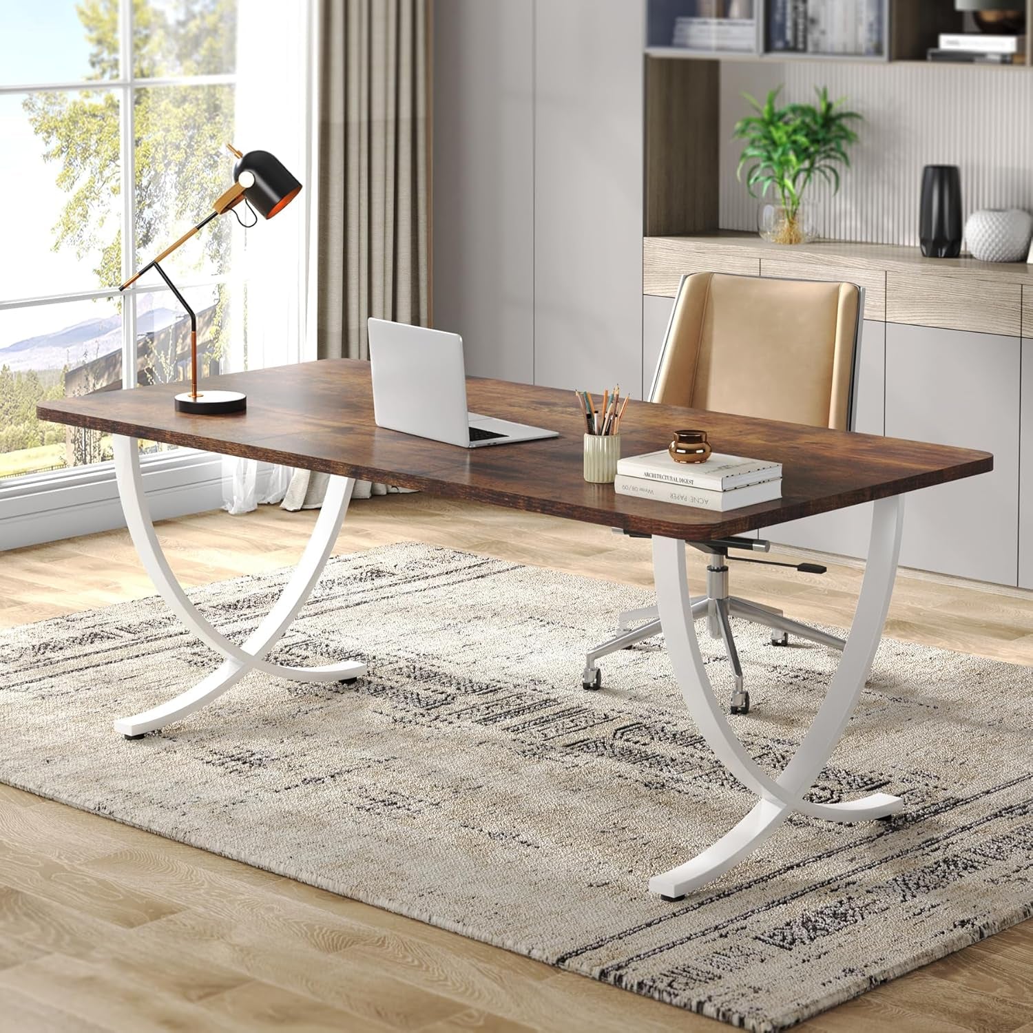 Executive Desk, 63” W X 31.5” D Large Office Desk, Modern Computer Desk Conference Table Meeting Room Table, Business Furniture for Home Office, White and Walnut - Shellcreations