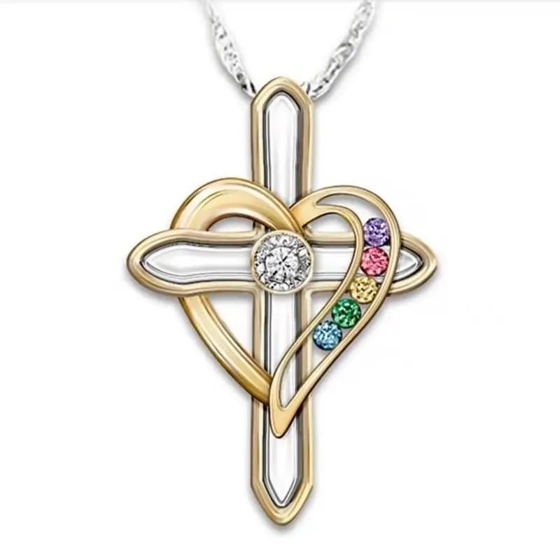 FCJ Bohemian Titanium Alloy Clavicle Chain Gold Plated Cross Love Colorful Imitation Gemstone Pendant Heart - shaped Christian - Shellcreations