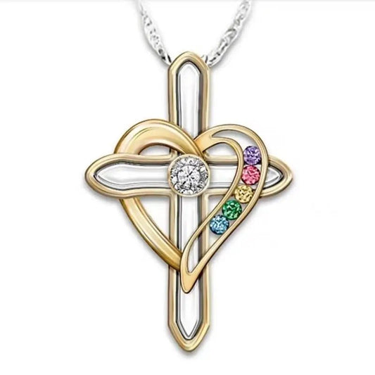 FCJ Bohemian Titanium Alloy Clavicle Chain Gold Plated Cross Love Colorful Imitation Gemstone Pendant Heart - shaped Christian - Shellcreations