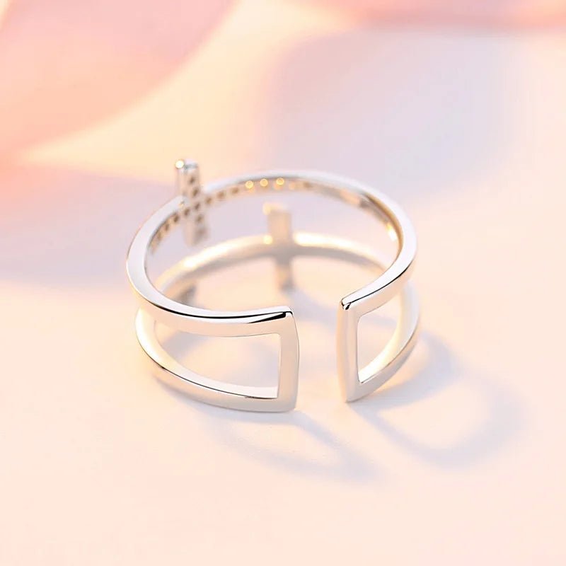 FCJ Double Cross Miniature Copper Inlaid Zircon Ring Trendy 18K Rose Gold Plated Brass Cluster Ring with Trendy Style - Shellcreations