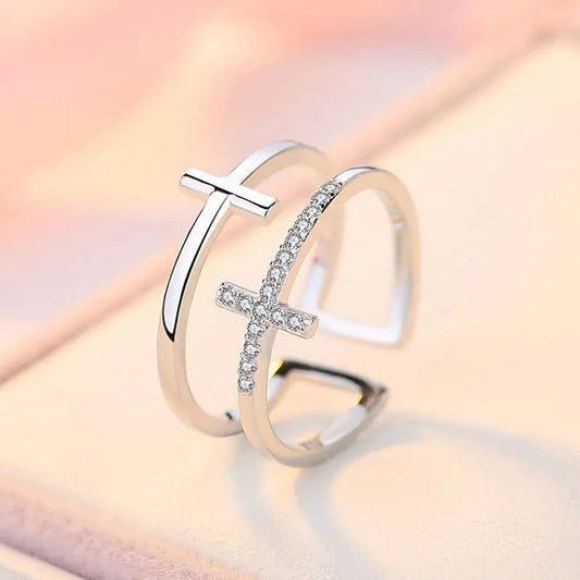 FCJ Double Cross Miniature Copper Inlaid Zircon Ring Trendy 18K Rose Gold Plated Brass Cluster Ring with Trendy Style - Shellcreations
