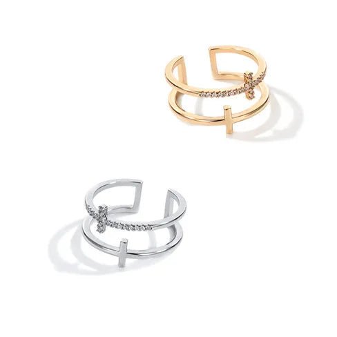 FCJ Double Cross Miniature Copper Inlaid Zircon Ring Trendy 18K Rose Gold Plated Brass Cluster Ring with Trendy Style - Shellcreations