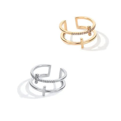 FCJ Double Cross Miniature Copper Inlaid Zircon Ring Trendy 18K Rose Gold Plated Brass Cluster Ring with Trendy Style - Shellcreations