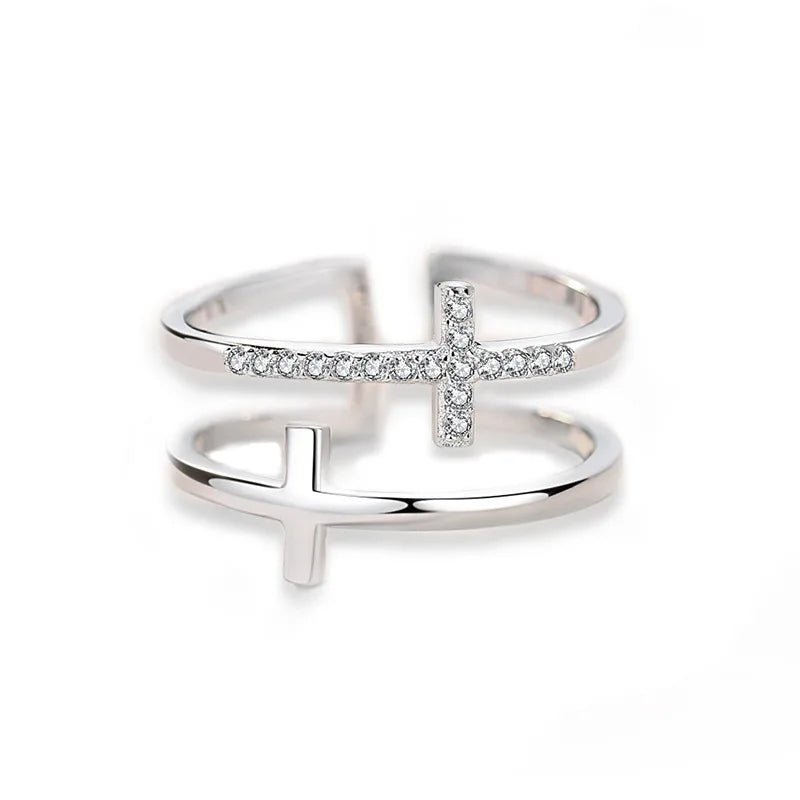 FCJ Double Cross Miniature Copper Inlaid Zircon Ring Trendy 18K Rose Gold Plated Brass Cluster Ring with Trendy Style - Shellcreations