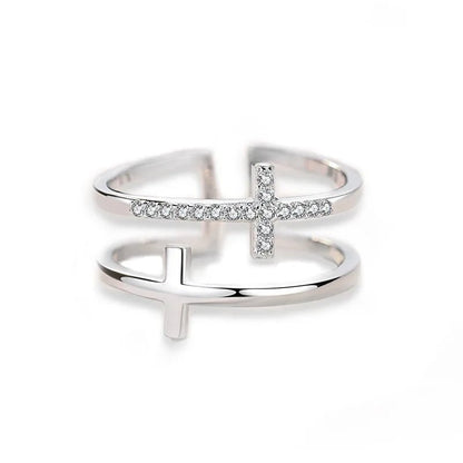 FCJ Double Cross Miniature Copper Inlaid Zircon Ring Trendy 18K Rose Gold Plated Brass Cluster Ring with Trendy Style - Shellcreations
