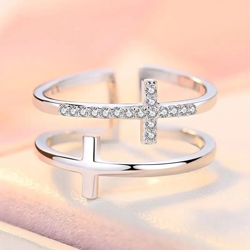 FCJ Double Cross Miniature Copper Inlaid Zircon Ring Trendy 18K Rose Gold Plated Brass Cluster Ring with Trendy Style - Shellcreations