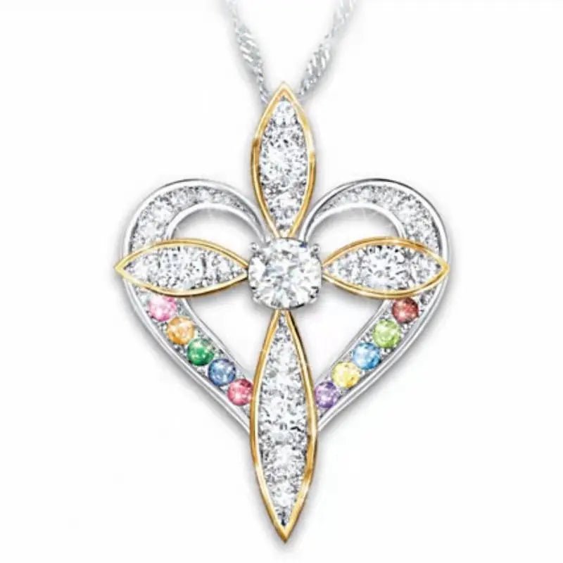 FCJ Fashion Cross Pendant Love Heart Shaped Stainless Steel Necklace Gold Trendy Christian for Gifts Diamond Pearl Zircon - Shellcreations