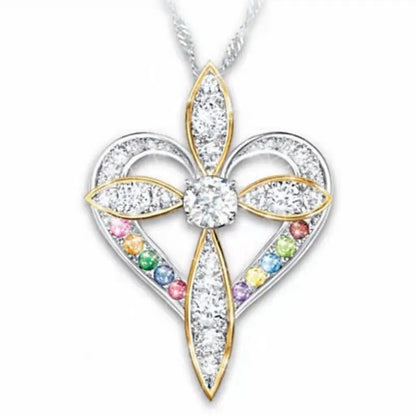 FCJ Fashion Cross Pendant Love Heart Shaped Stainless Steel Necklace Gold Trendy Christian for Gifts Diamond Pearl Zircon - Shellcreations