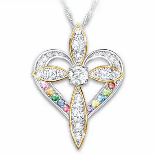 FCJ Fashion Cross Pendant Love Heart Shaped Stainless Steel Necklace Gold Trendy Christian for Gifts Diamond Pearl Zircon - Shellcreations