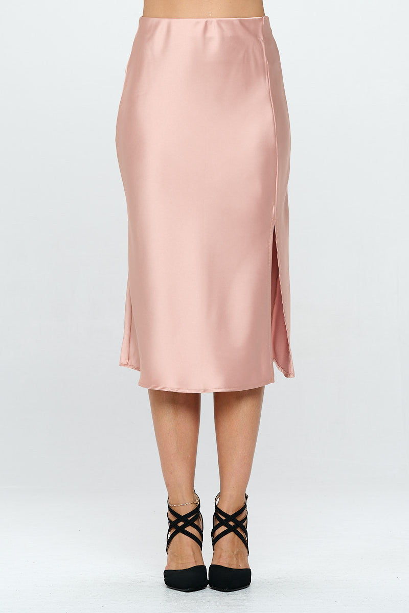 Solid Satin Midi Skirt with Slit-0
