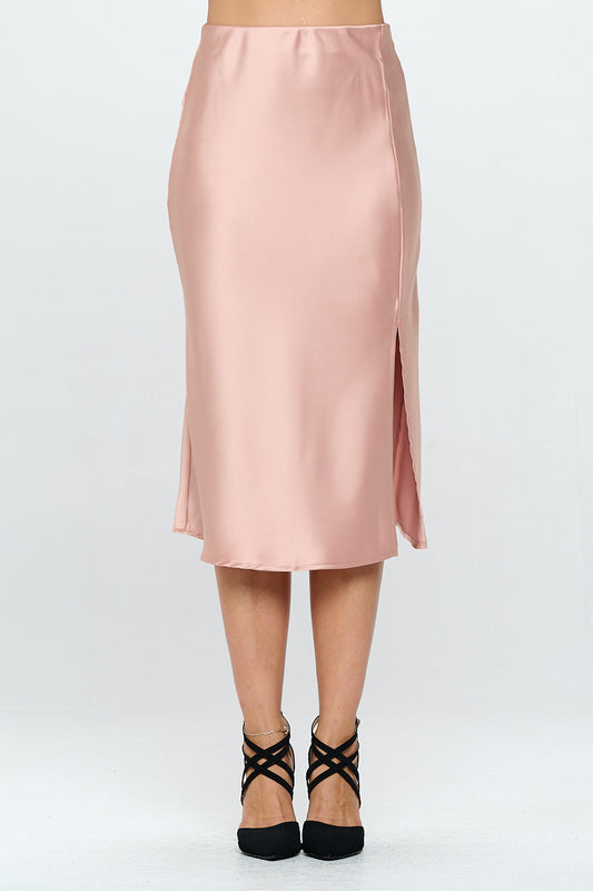 Solid Satin Midi Skirt with Slit-0