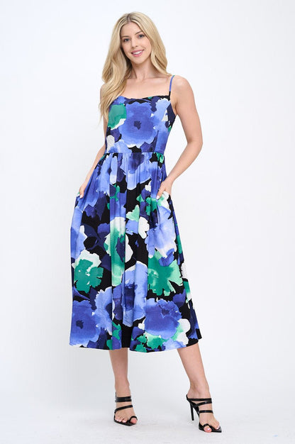 Floral Print Midi Dress with Smock Back Detail and Pockets - Shellcreations