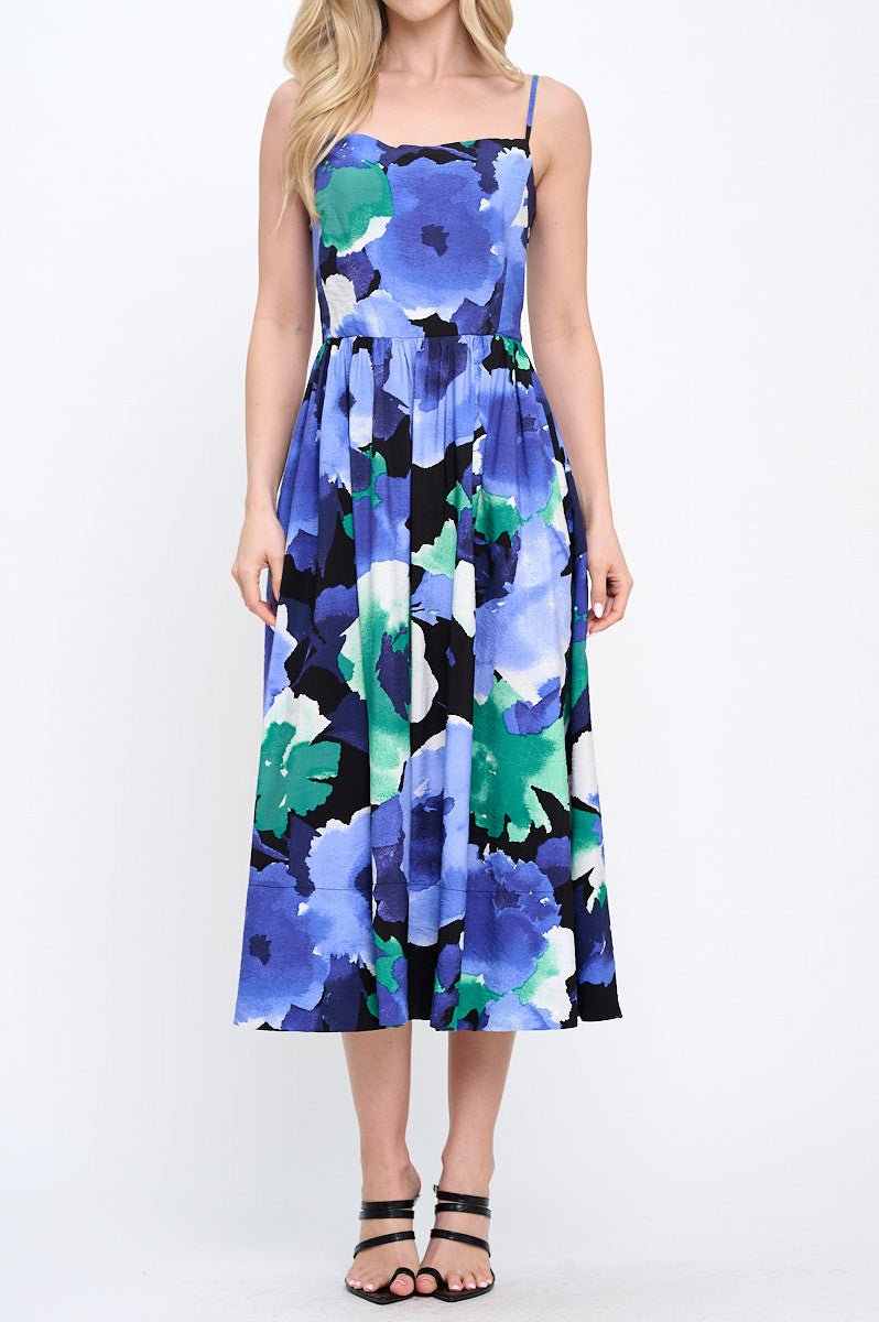 Floral Print Midi Dress with Smock Back Detail and Pockets - Shellcreations