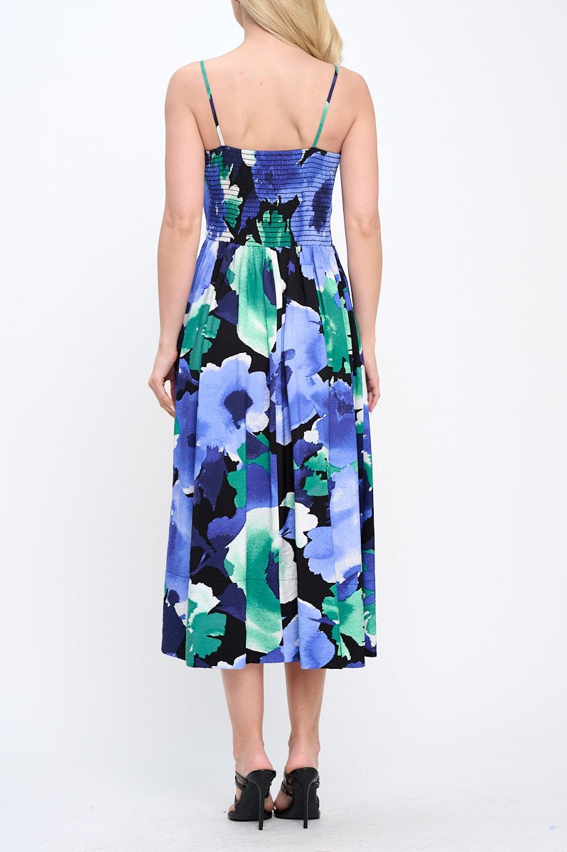 Floral Print Midi Dress with Smock Back Detail and Pockets - Shellcreations