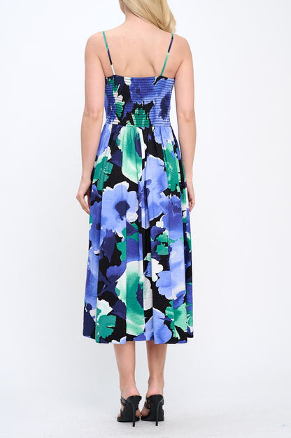 Floral Print Midi Dress with Smock Back Detail and Pockets - Shellcreations