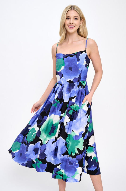 Floral Print Midi Dress with Smock Back Detail and Pockets - Shellcreations