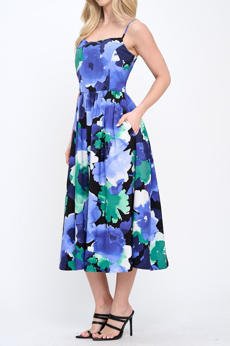 Floral Print Midi Dress with Smock Back Detail and Pockets - Shellcreations