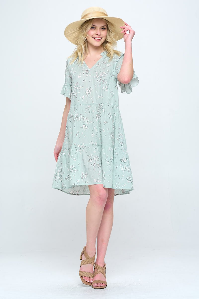 Floral Print V Neck Tiered Dress - Shellcreations